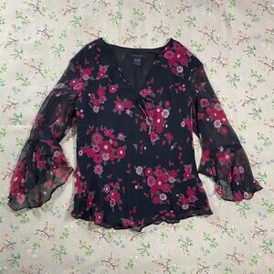 VTG Silk Top Floral Flare Bell Sleeve Whimsigoth Romantic Witchy Fairygrunge Y2K